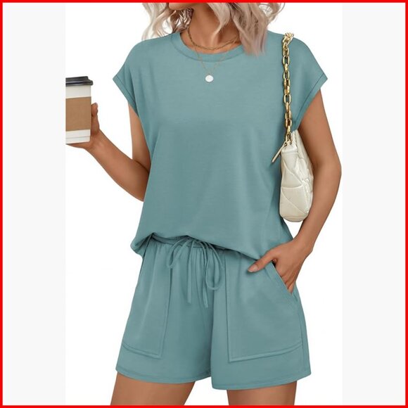 Summer Lounge Set with Pockets Cap Sleeve Crew Neck Top and Drawstring Shorts